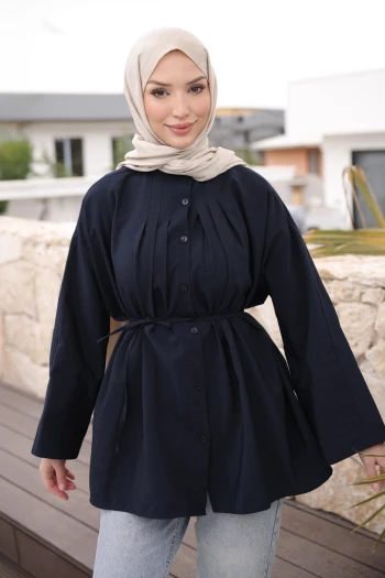 Lacivert Önü Piliseli Bağlamalı Tunik