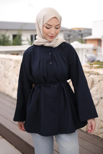 Lacivert Önü Piliseli Bağlamalı Tunik