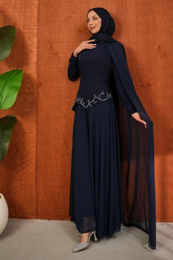 Lacivert Önü Taşlı Krep Abiye