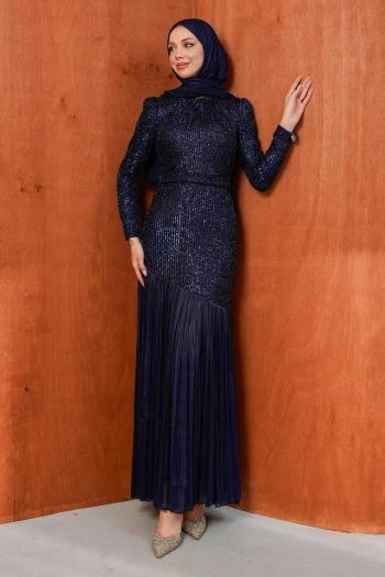 Lacivert Payetli Eteği Piliseli Abiye