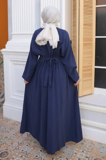 Lacivert Pens Dikişli Bel Lastikli Modal Dokuma Elbise