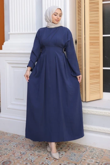 Lacivert Pens Dikişli Bel Lastikli Modal Dokuma Elbise