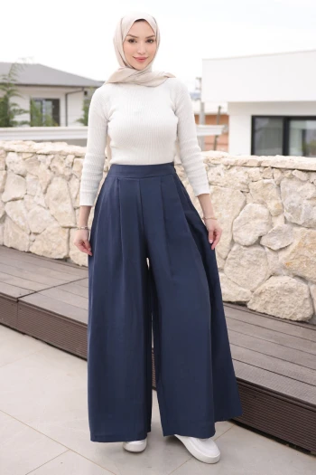 Lacivert Pileli Bol Paça Pantolon