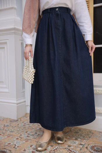 Lacivert Pileli Kot Etek