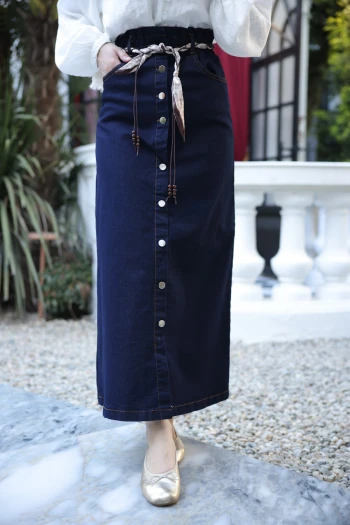 Lacivert Şal Kemerli Bel Lastikli Kot Etek