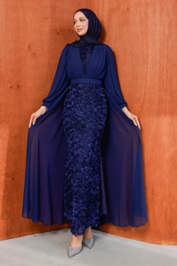 Lacivert Şifon Gül Garnili Abiye