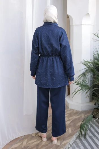 Lacivert Taş Detaylı Bel Lastikli Tunik Pantolonlu Scuba Takım