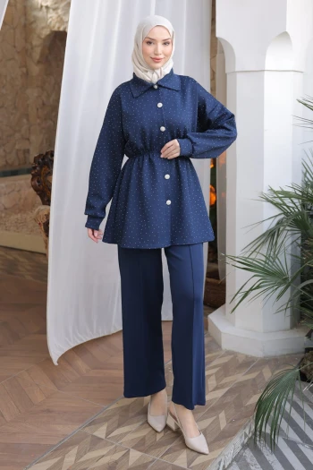 Lacivert Taş Detaylı Bel Lastikli Tunik Pantolonlu Scuba Takım