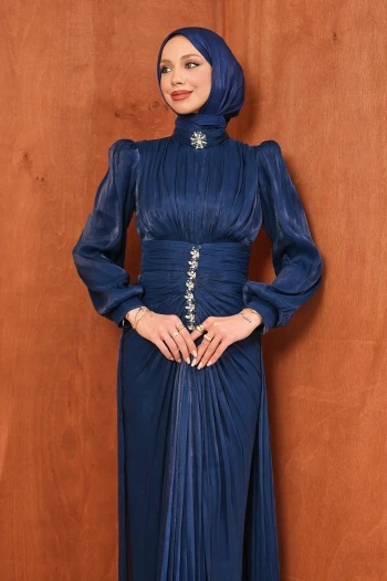 Lacivert Taş Detaylı Drapeli Janjan Abiye