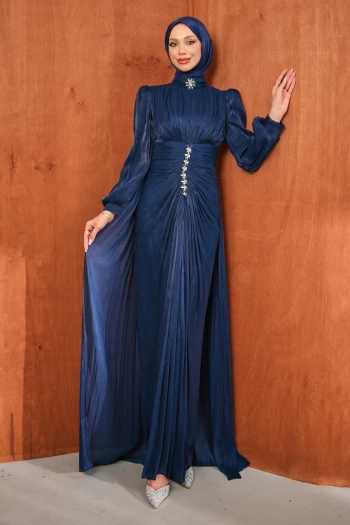 Lacivert Taş Detaylı Drapeli Janjan Abiye
