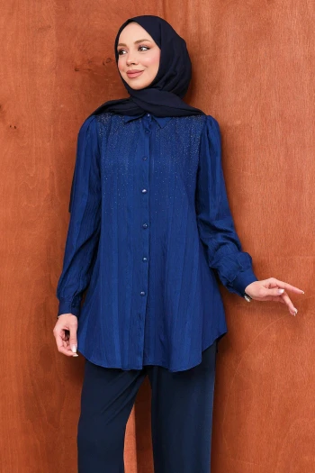 Lacivert Taş Detaylı Düğmeli Tunik Tunik