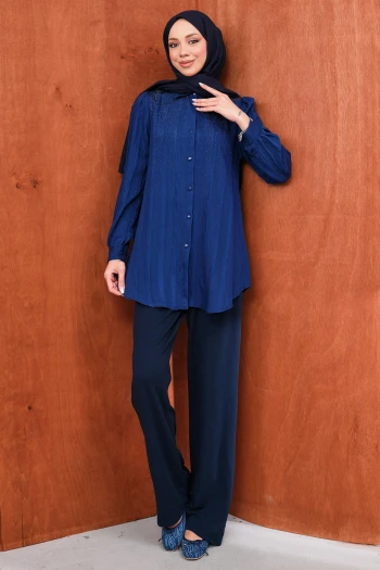Lacivert Taş Detaylı Düğmeli Tunik Tunik