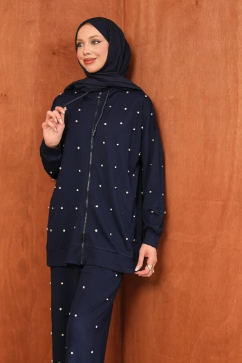 Lacivert Taş Detaylı Tunik Pantolonlu Takım