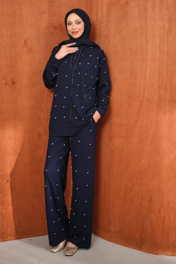 Lacivert Taş Detaylı Tunik Pantolonlu Takım