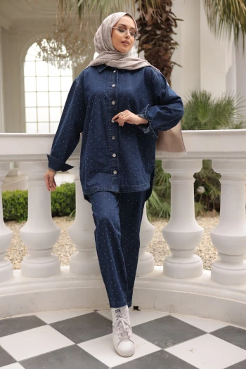 Lacivert Taşlı Kot Ceket Pantolonlu Takım