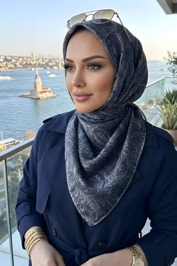 Lacivert Vizon Trend Dijital Twil- Rayon Krisital Eşarp