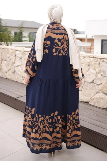 Lacivert Vizon Yarım Düğmeli Kol Lastikli Viskon Elbise