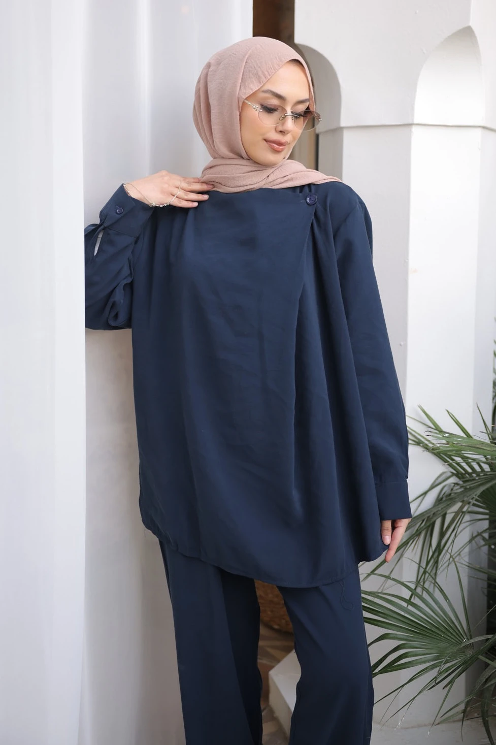 Lacivert Yaka Detaylı Tunik Pantolonlu Modal Takım