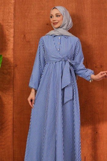 Lacivert Yaka Düğmeli Yan Bağlamalı Çizgili Elbise