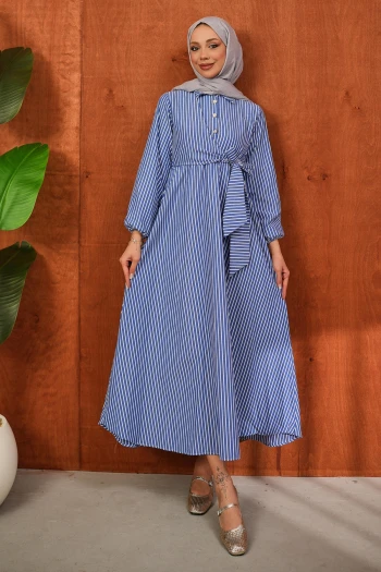 Lacivert Yaka Düğmeli Yan Bağlamalı Çizgili Elbise