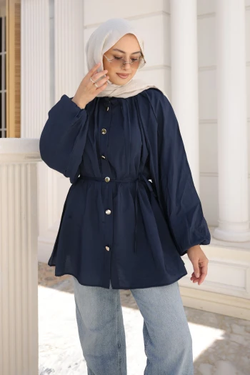 Lacivert Yaka Pileli Bel Bağlamalı Gömlek