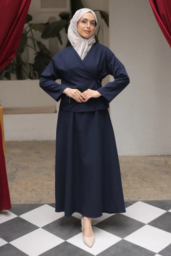 Lacivert Yandan Bağlamalı Dabıl Kimono Etekli Takım