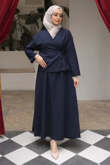 Lacivert Yandan Bağlamalı Dabıl Kimono Etekli Takım