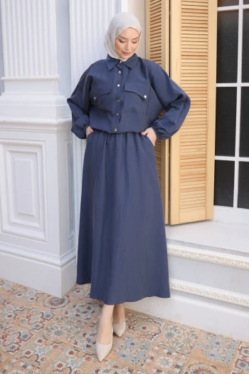 Lacivert Yarasa Kol Asimetrik Cepli Ceket Etekli Takım