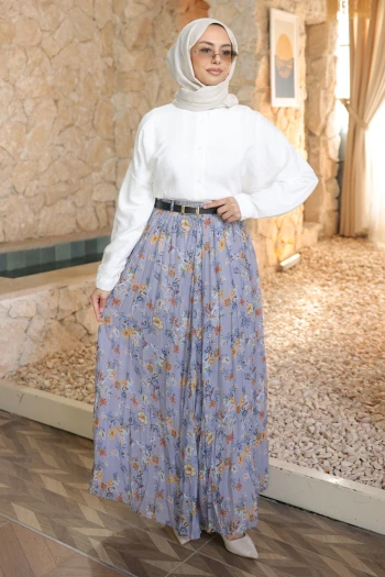 Lila Bel Lastikli Desenli Şifon Etek