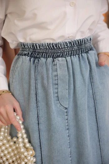 Mavi Bel Lastikli Çimalı Kot Etek