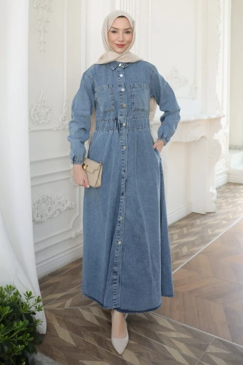 Mavi Bel Lastikli Düğmeli Kot Elbise