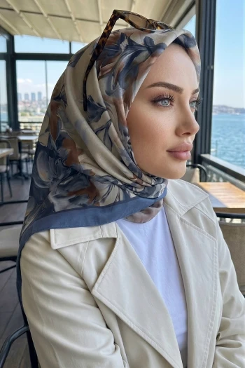 Mavi Çiçek Desenli Soft Eşarp