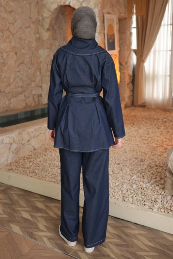 Mavi Fermuarlı Kemerli Ceket Pantolonlu Takım