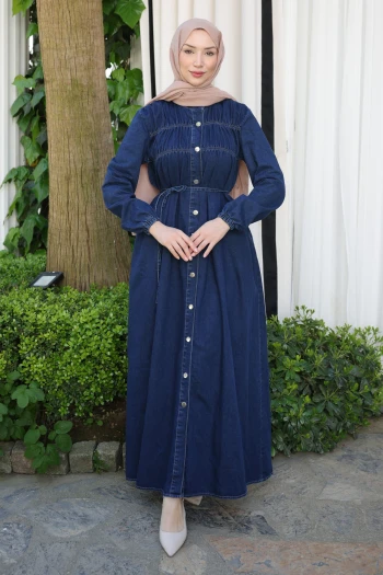 Mavi Kol Lastikli Düğmeli Kot Elbise