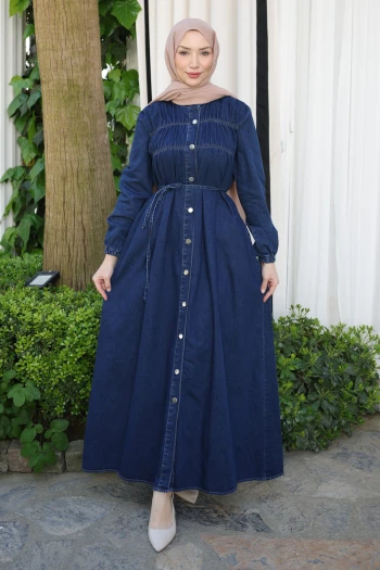 Mavi Kol Lastikli Düğmeli Kot Elbise