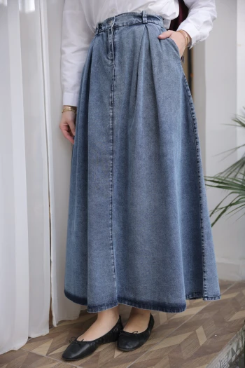 Mavi Pileli Kot Etek