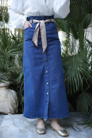 Mavi Şal Kemerli Bel Lastikli Kot Etek