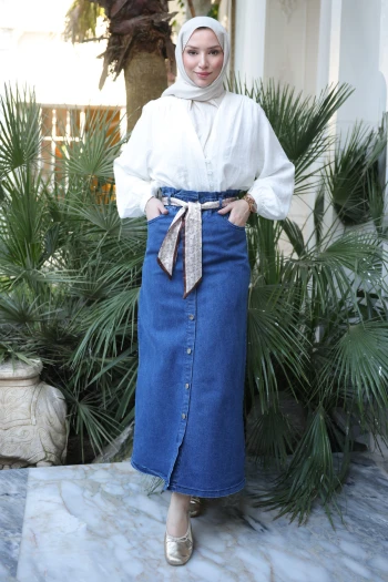 Mavi Şal Kemerli Bel Lastikli Kot Etek