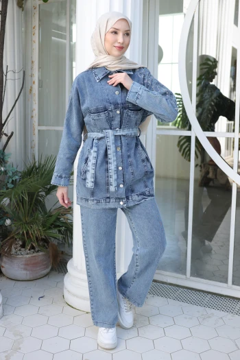 Mavi Taş Detaylı Cepli Ceket Pantolonlu Kot Takım