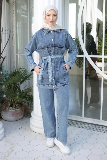 Mavi Taş Detaylı Cepli Ceket Pantolonlu Kot Takım