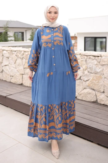 Mavi Vizon Yarım Düğmeli Kol Lastikli Viskon Elbise