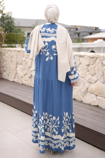 Mavi Yarım Düğmeli Kol Lastikli Viskon Elbise