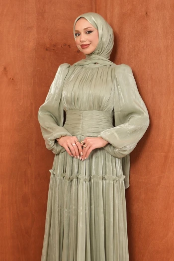 Mint Yeşili Bel Büzgülü Katlı Abiye
