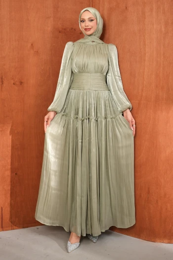 Mint Yeşili Bel Büzgülü Katlı Abiye