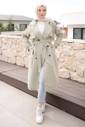 Mint Yeşili Kruvaze Yaka Astarlı Trençkot