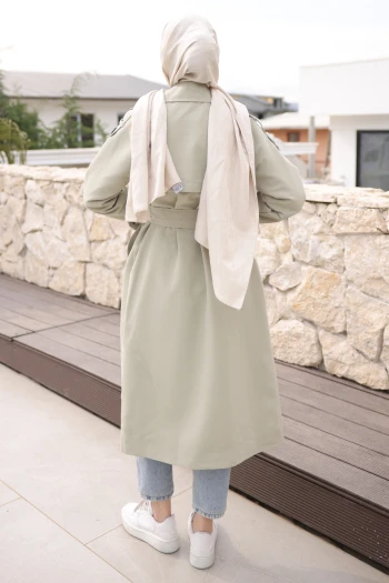Mint Yeşili Kruvaze Yaka Astarlı Trençkot