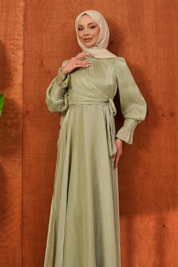 Mint Yeşili Yan Bağlamalı Kol Detaylı Abiye