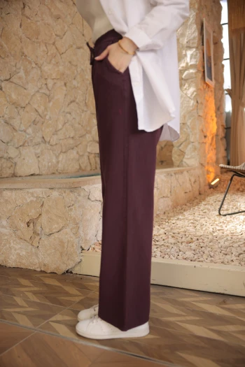 Mor Bel Lastikli Bol Paça Gabardin Pantolon