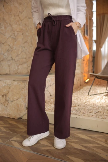 Mor Bel Lastikli Bol Paça Gabardin Pantolon