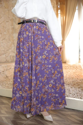 Mor Bel Lastikli Desenli Şifon Etek